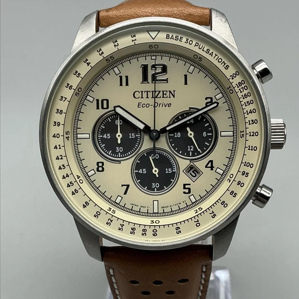 Citizen Eco-Drive Weekender Men Watch 44mm Silver Tone Brown Leather Chronograph